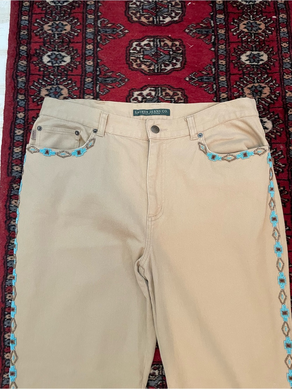 Ralph Lauren Jeans Co. Vintage Tan Jeans w Turquoise Beading Size 12 Made in HK - Picture 9 of 15